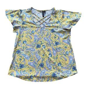 Zoe + Phoebe Top Women's Size Large Yellow Multicolor Short Sleeve Paisley
